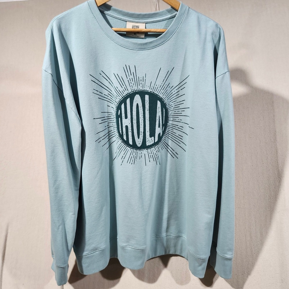 Latino Heritage Month Hola Graphic Sweatshirt Light Blue XL Crewneck Pullover